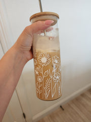 White Wildflower Floral Wrap- Clear Can Glass 25oz