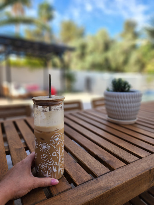 White Wildflower Floral Wrap- Clear Can Glass 25oz