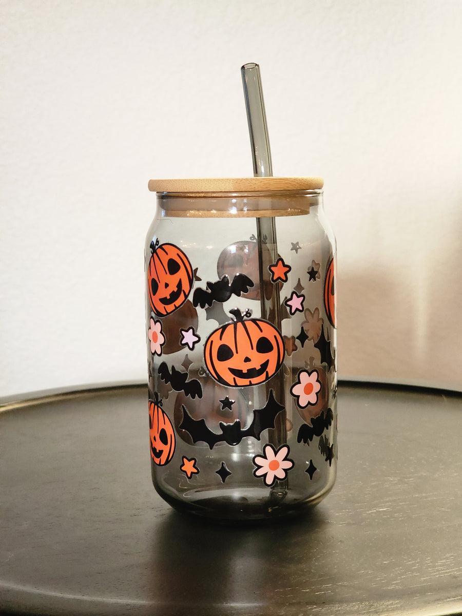 Pumpkins, Bats and Flowers-  Smoky Can Glass 16oz