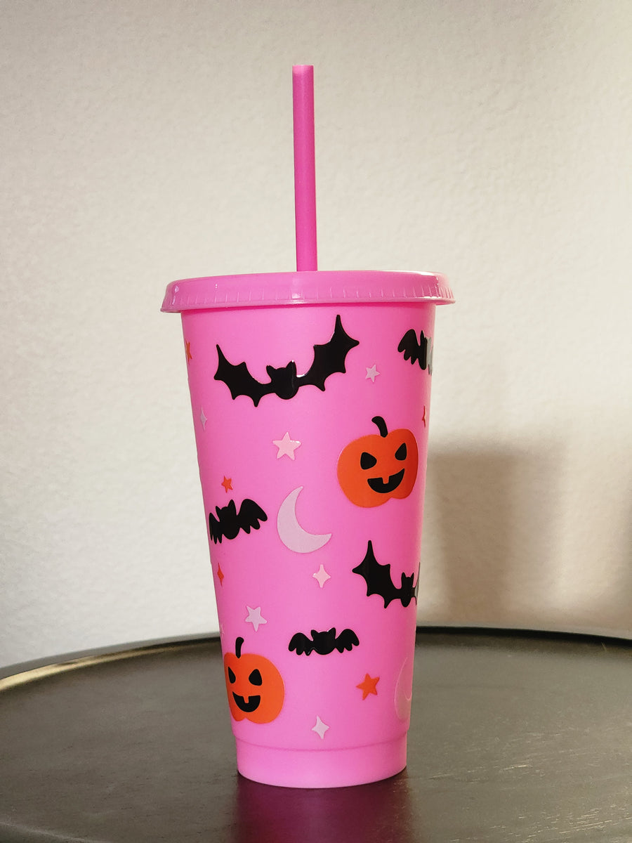 Pumpkins and Bats- 24oz Pink Cold Cup