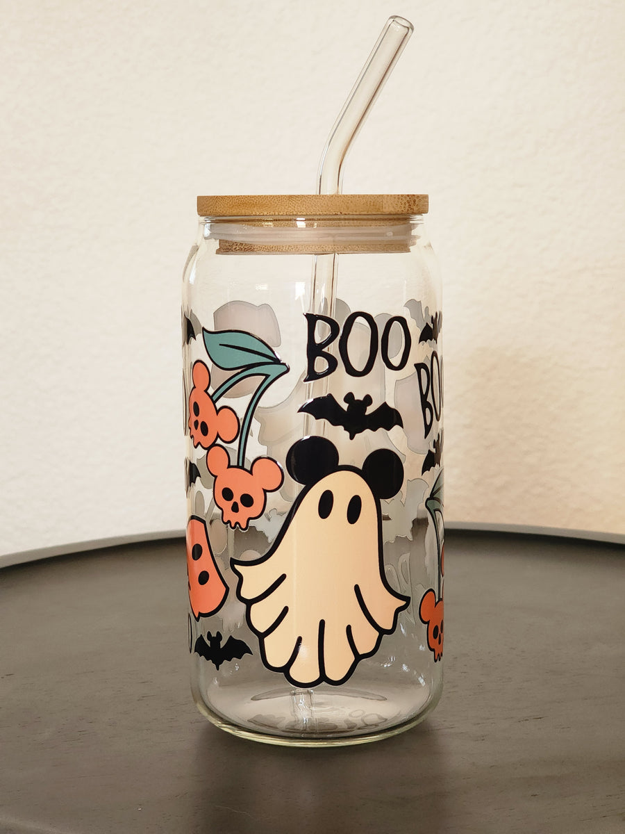 Ghost Glass Cup | Halloween Glass Can | Ghost Iced Coffee Glass | 16 oz  Beer Can Glass with Bamboo Lid