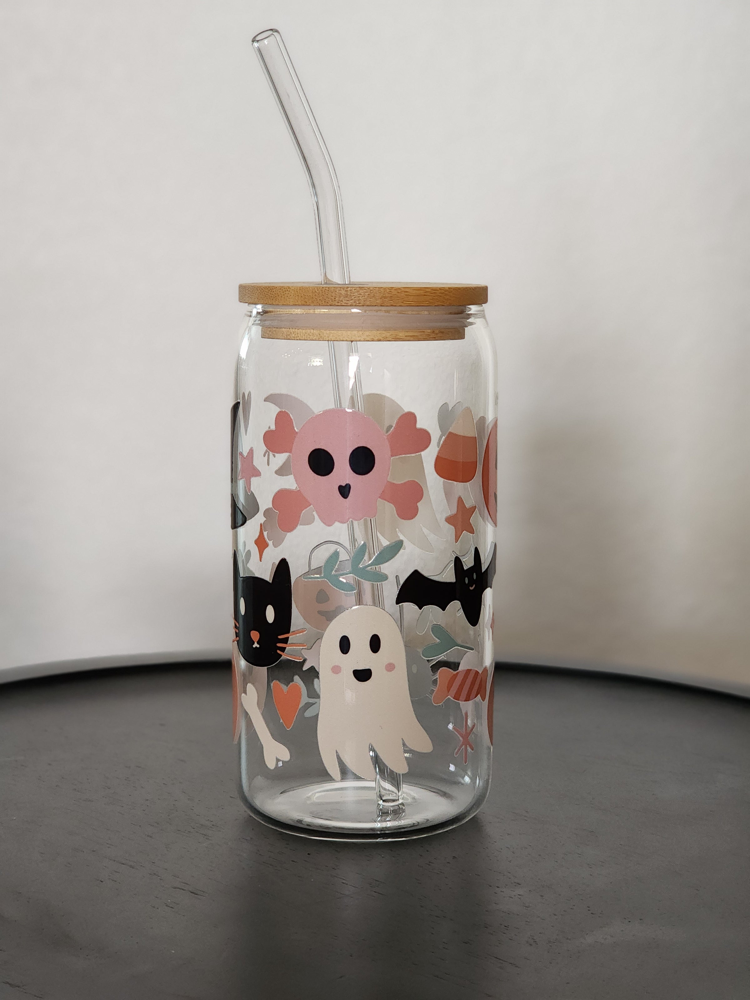 HALLOWEEN GHOST Glass Can Cup W/ Bamboo Lid & Straw Iced Coffee