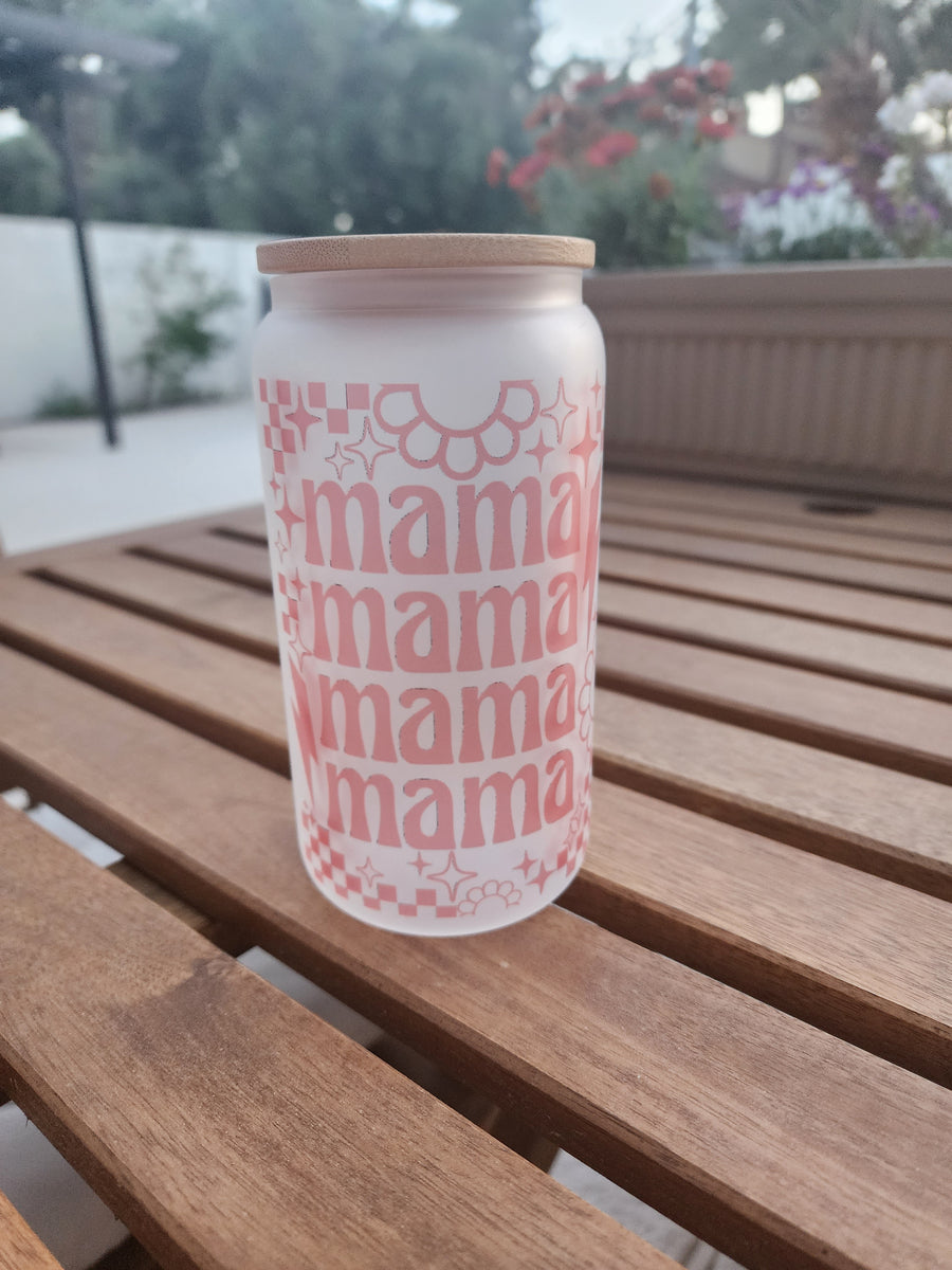 Mama Mama Checkered Coral- Frosted Can Glass 16 OZ