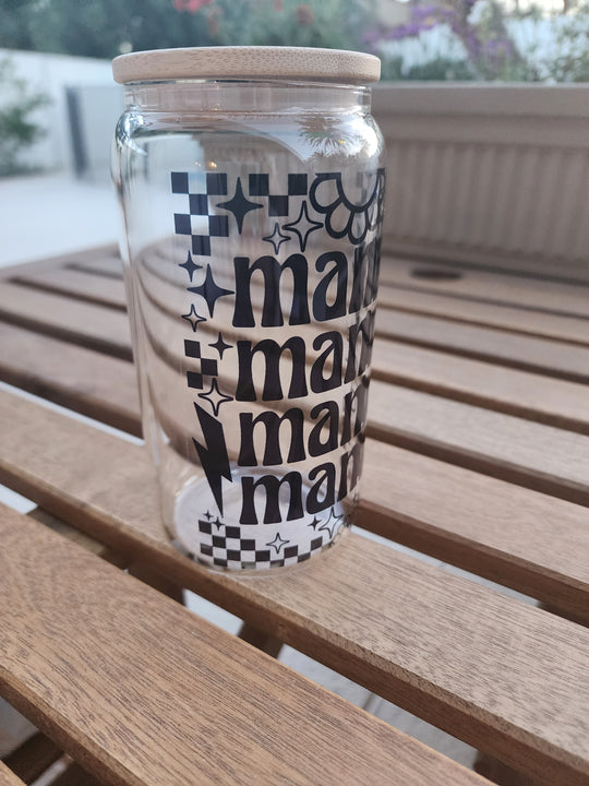 Mama Mama Checkered Black- Clear Can Glass 16 OZ