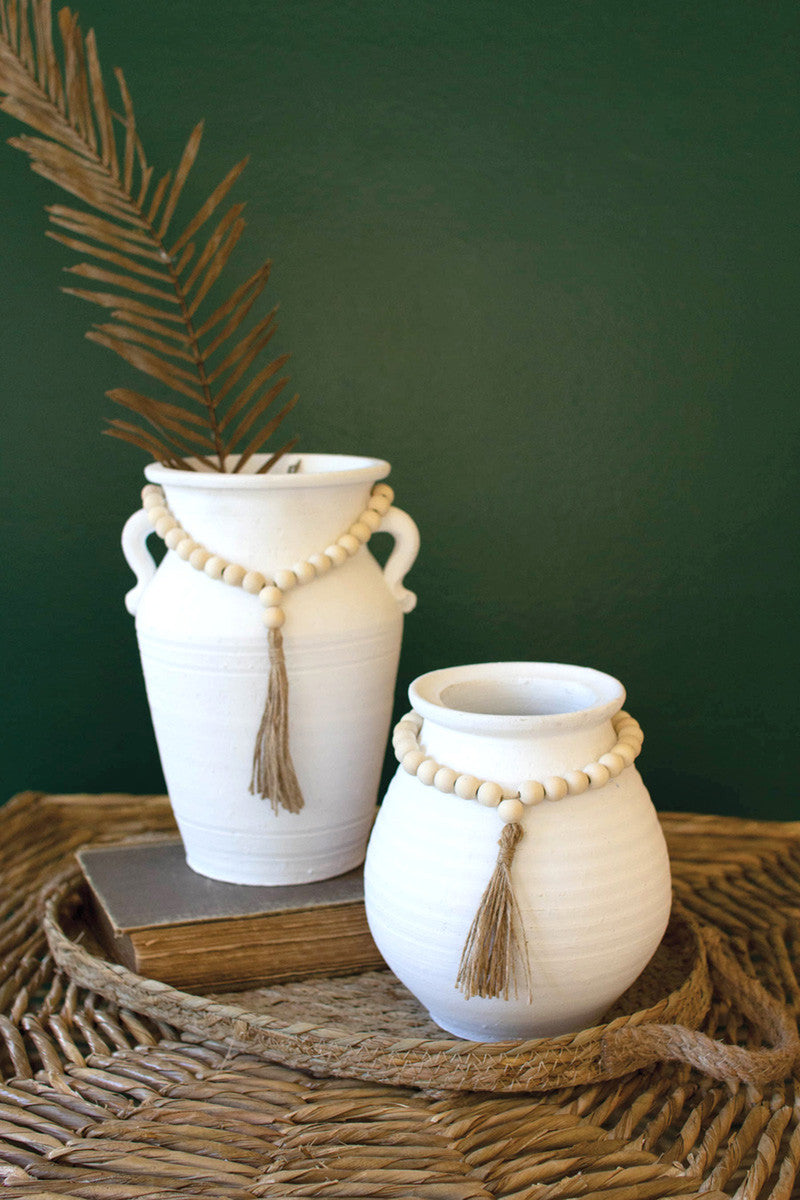 Set of Two White Wash Clay Pots with Bead Tassels