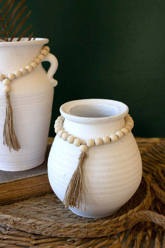 Set of Two White Wash Clay Pots with Bead Tassels