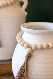 Set of Two White Wash Clay Pots with Bead Tassels